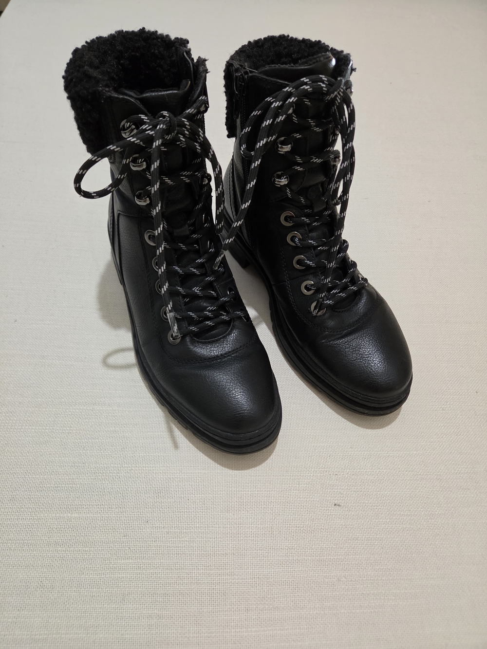 Steve Madden Women’s Black Faux-Shearling Lace-Up Combat Boots Side Zip Closure